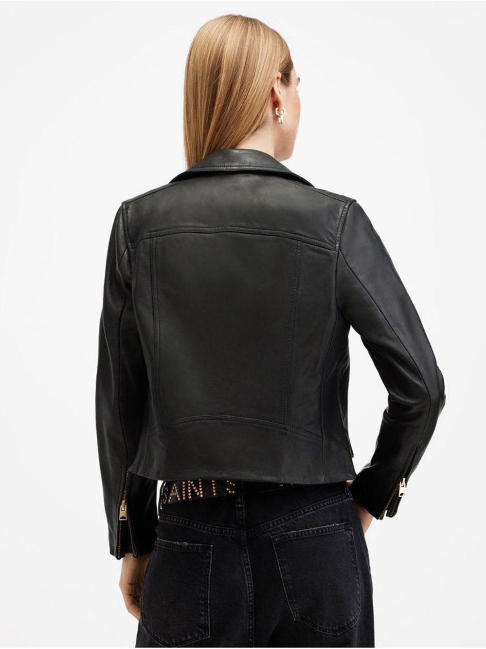 All Saints Black Leather Biker Jacket with Gold Hardware Accents - Picture 8 of 15